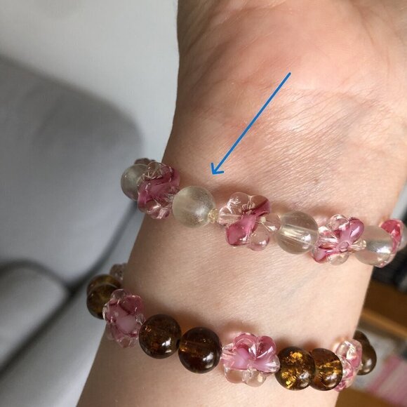 Handmade Glass Bracelets Round Flower Beads Blue Clear Pink Brown, 5.75 to 6.5'' - Picture 10 of 16